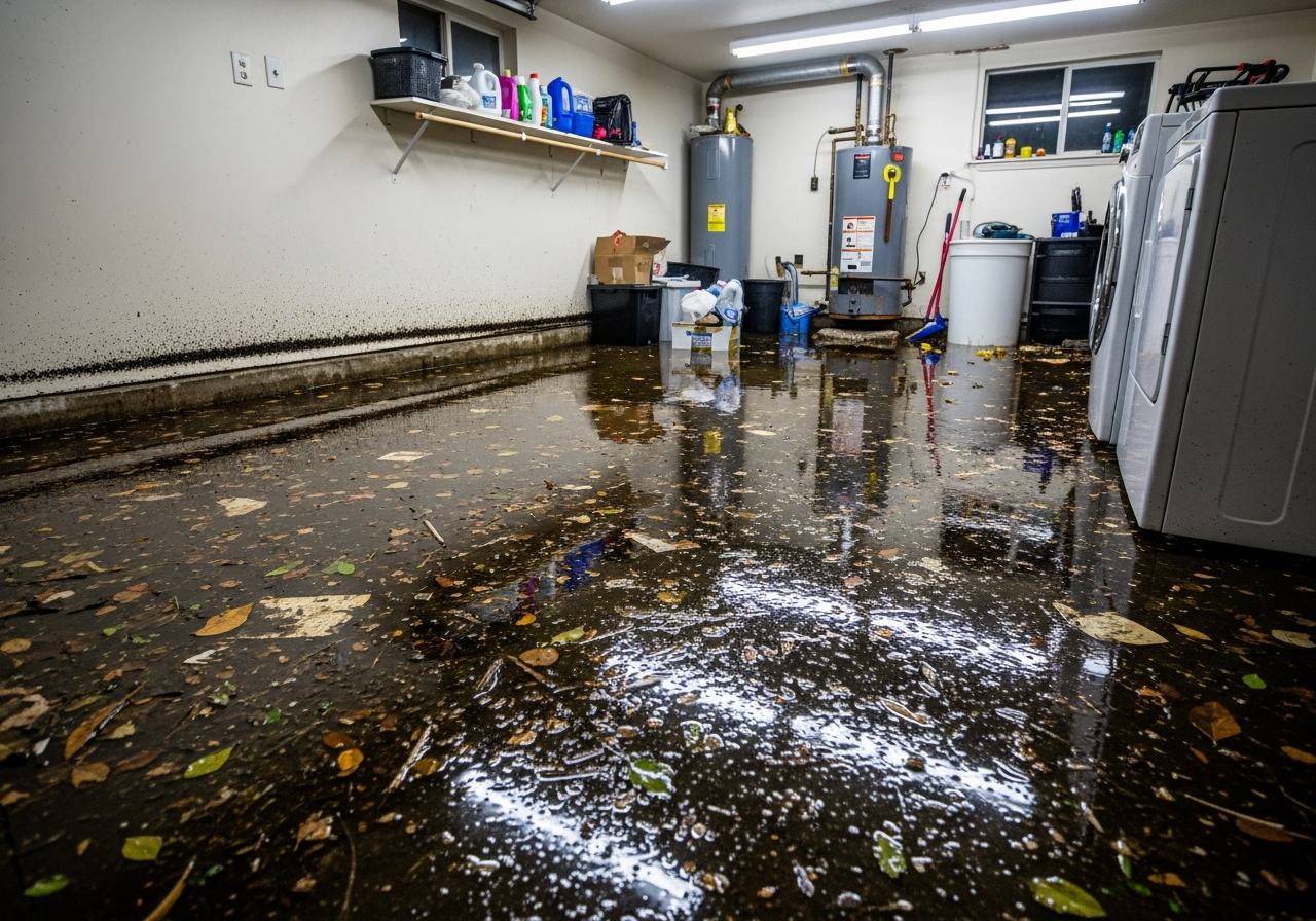 Before: Sewage backup flooding in a Boca Raton Florida home garage