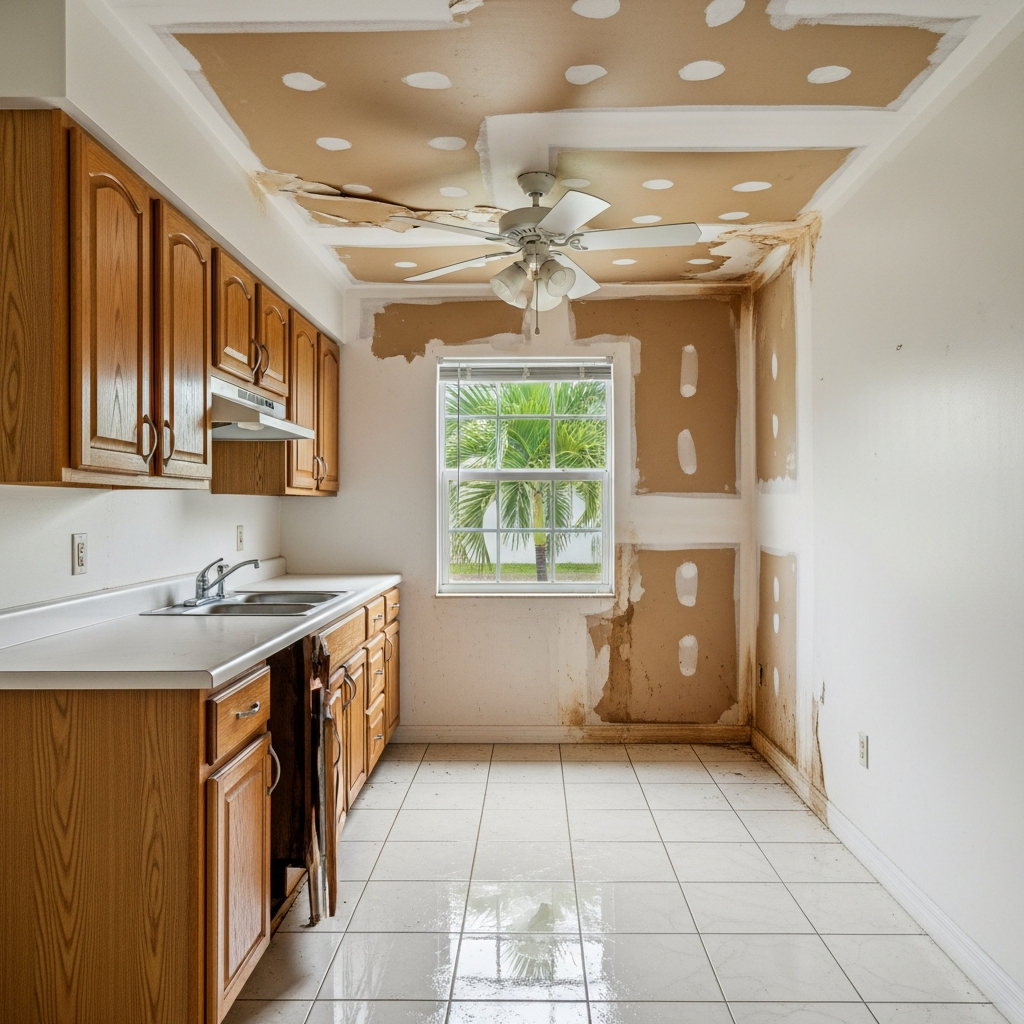 Before: Flooded living room in a Boca Raton Florida home with standing water