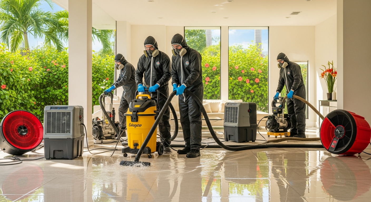 Professional water damage restoration team extracting flood water from a home in South Florida